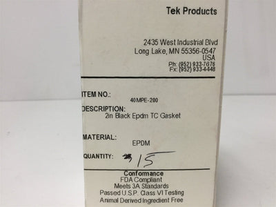 New Lot of 15 New TEK Products 40MPE-200 Tri-Clamp Gaskets, Size: 2", Material: EPDM