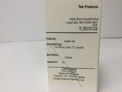 New Lot of 25 New TEK Products 40MPE-200 Tri-Clamp Gaskets, Size: 2", Material: EPDM