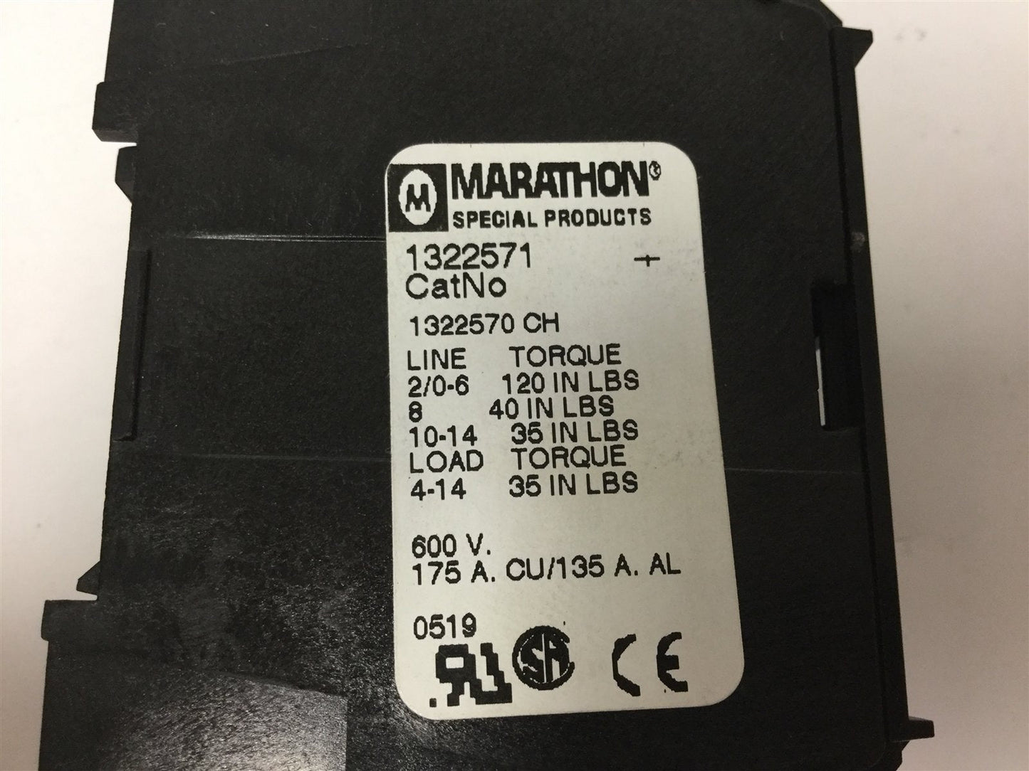 Used Marathon 1322570 Power Distribution Block, 2-Pole, 1 to 4, Rating: 600V 175A