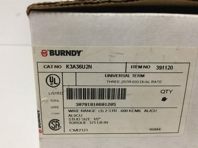 New Burndy K3A36U2N Three Conductor Lug, Wire Size: 2 AWG to 600 kcmil