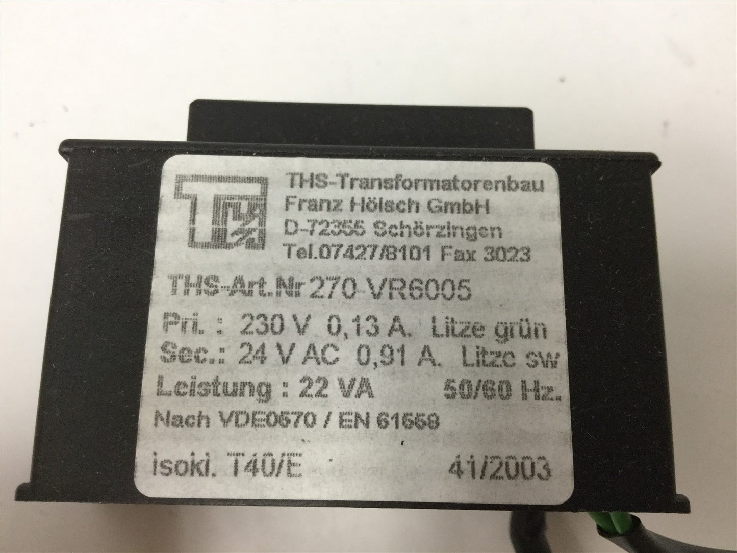 Used THS Transformatorenbau 270-VR6005 Transformer, Pri: 230V 0.13A, Sec: 24VAC 0.91A