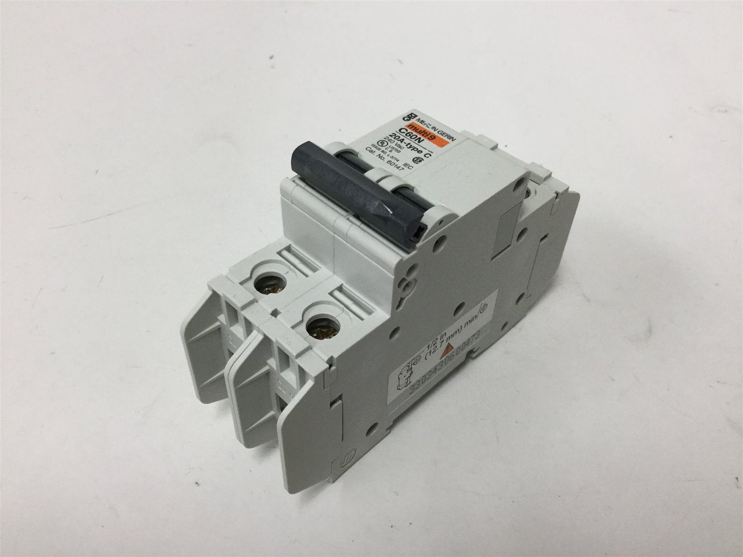 Used Merlin Gerin 60147 2-Pole Circuit Breaker, Rating: 240VAC 20A, Curve: Type C
