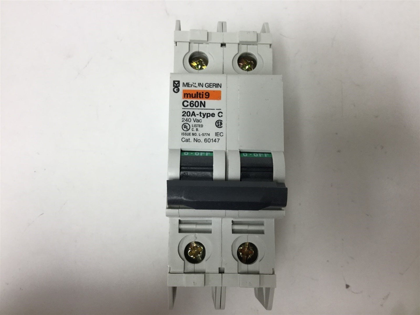 Used Merlin Gerin 60147 2-Pole Circuit Breaker, Rating: 240VAC 20A, Curve: Type C