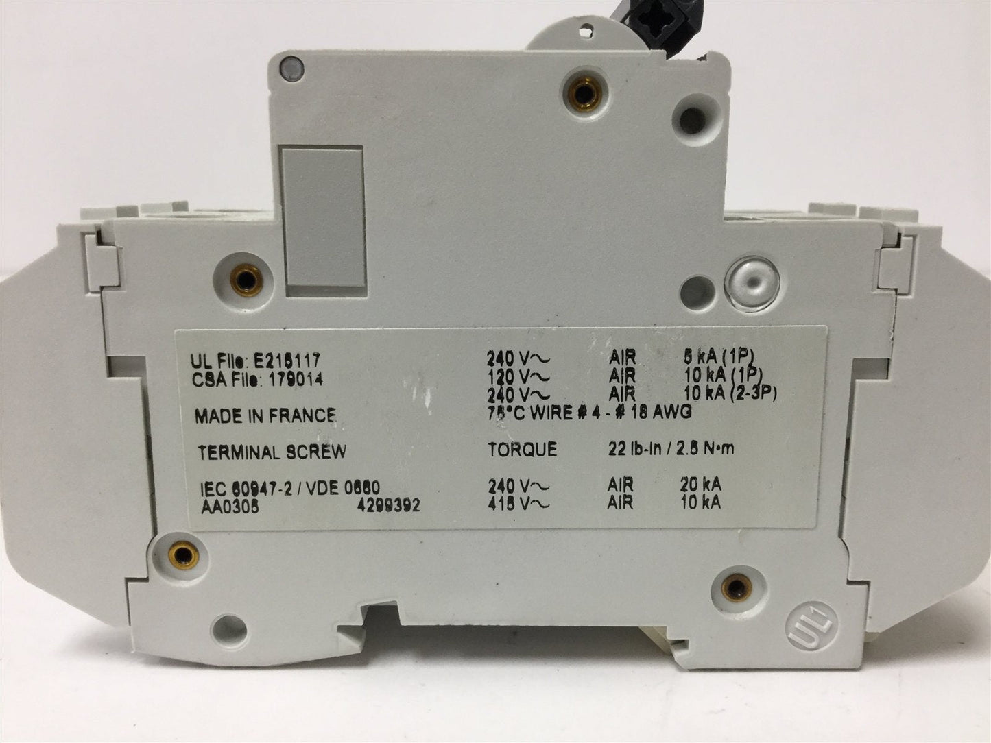 Used Merlin Gerin 60147 2-Pole Circuit Breaker, Rating: 240VAC 20A, Curve: Type C