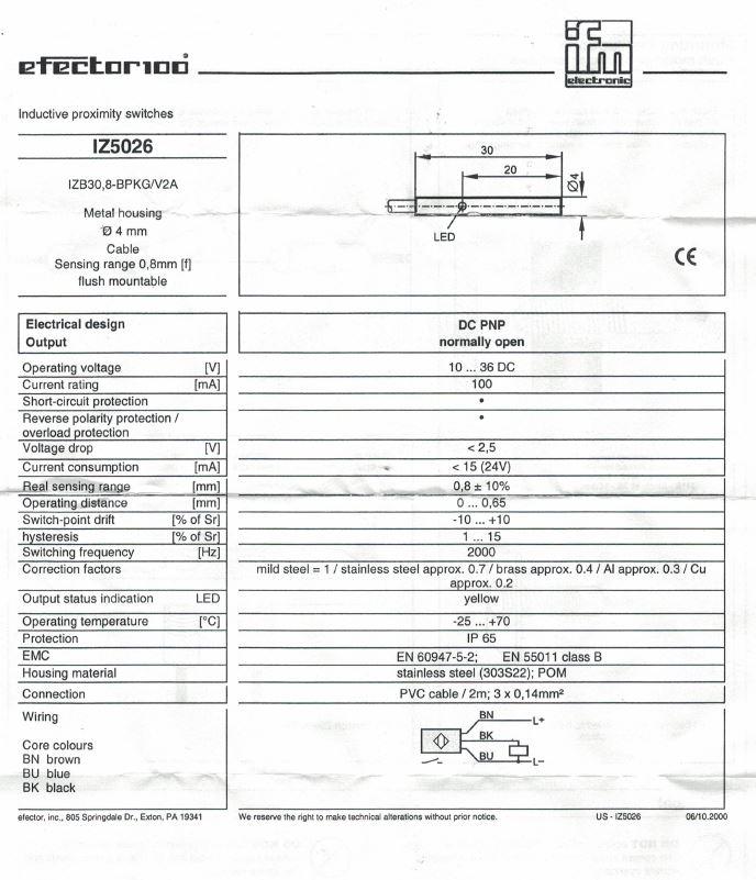 New IFM Efector IZ5026 Inductive Proximity Switch, PNP Normally Open, 24VDC