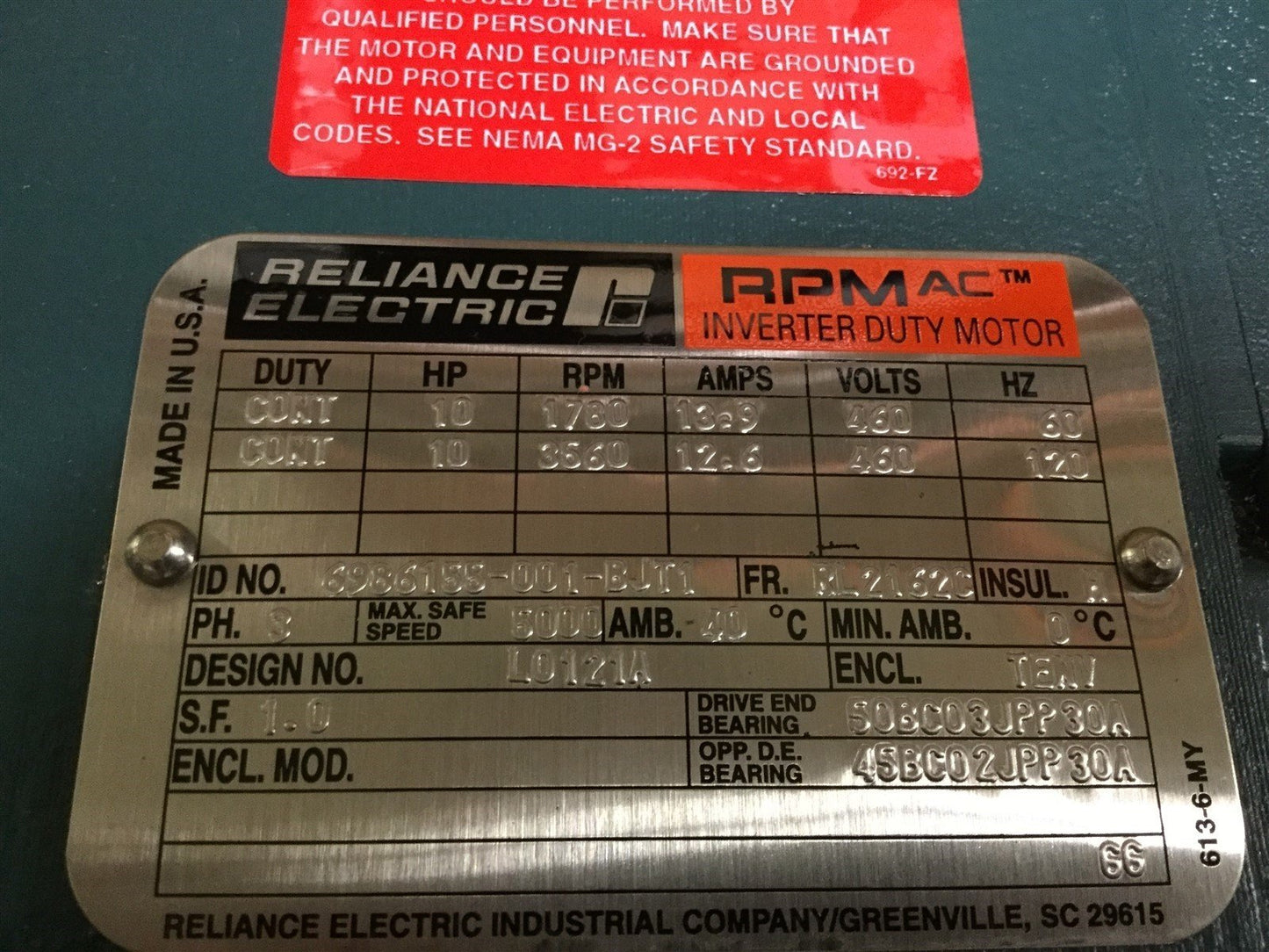 New Other Reliance Electric 6986155-001-BJT1 Inverter AC Motor, Volts: 460V, Shaft: 1.375"