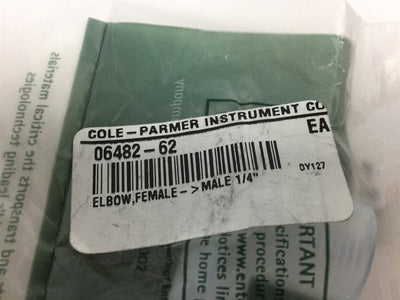 Used Cole-Parmer Instrument Co 06482-62 FMR4-4 Right Angle Fitting NPT 1/4" PTFE, PFA