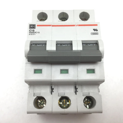 Used Cutler Hammer WMS3C15 Circuit Breaker, 3-Pole, Rating: 415VAC 15A, C-Curve, DIN