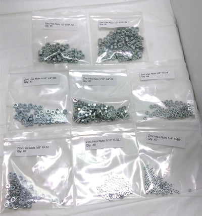 New Assortment of Low Carbon Zinc Nuts and Washer, 1/4" - 7/16", #4 - 3/4" SAE