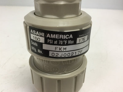 Used Asahi-America 02J00217F Ball Check Valve, PP, 1/2"NPT, 150PSI at 70°F, Max 175°F