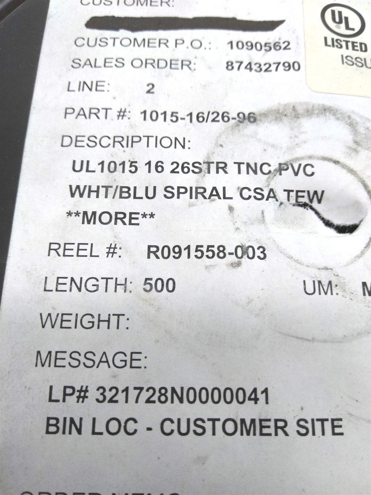 New – Open box Atlas 1015-16/26-96 MTW Electrical Wire, 26 Strand, 16 Gauge, 600V, 500'