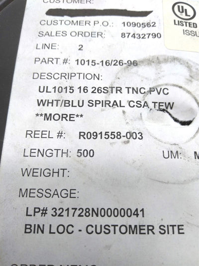 New – Open box Atlas 1015-16/26-96 MTW Electrical Wire, 26 Strand, 16 Gauge, 600V, 500'