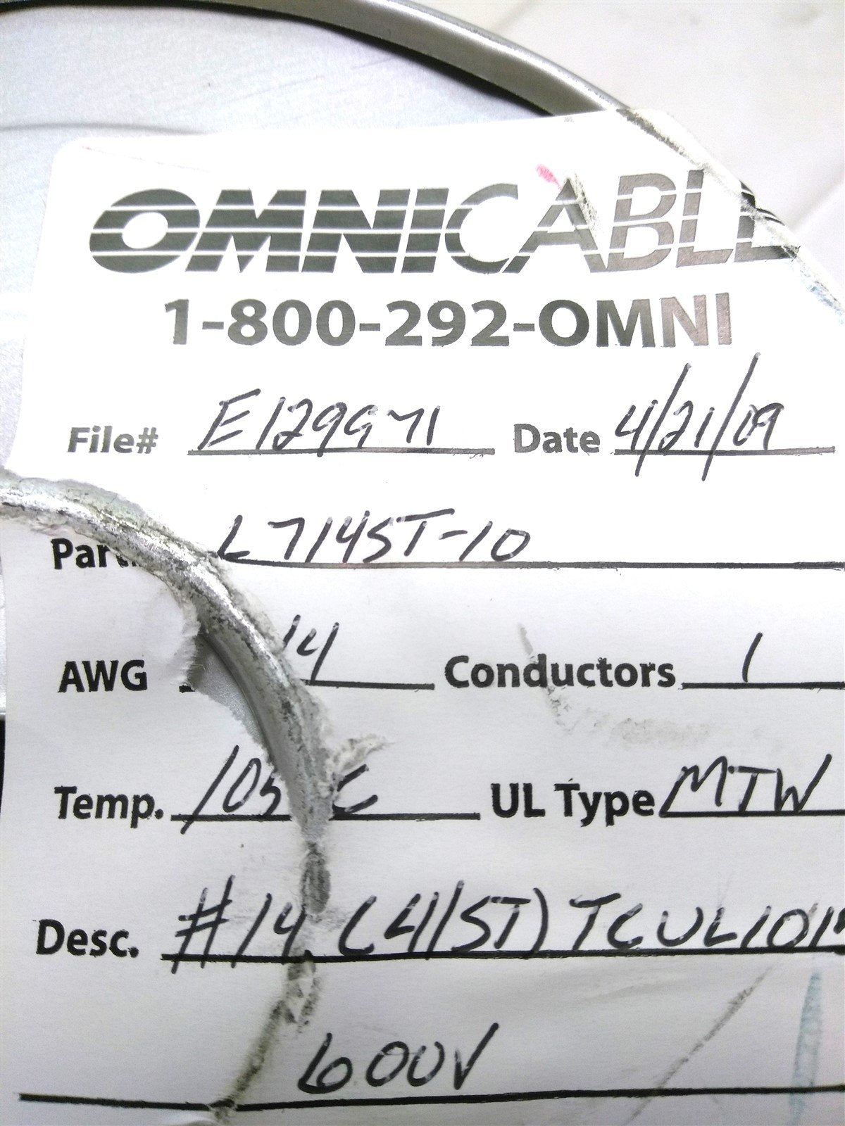 New – Open box Omni 714ST-10 MTW Electrical Wire, 41 Strand, 14 AWG, 600V, UL1015, 250'