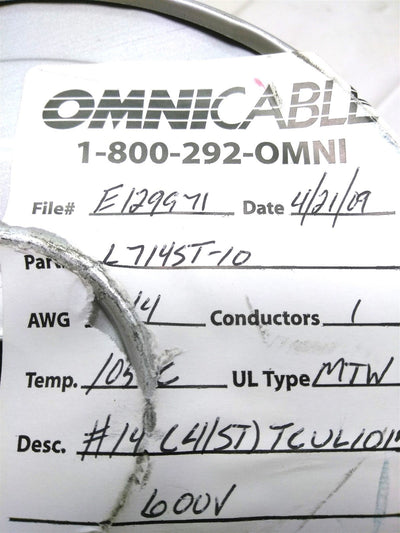 New – Open box Omni 714ST-10 MTW Electrical Wire, 41 Strand, 14 AWG, 600V, UL1015, 250'