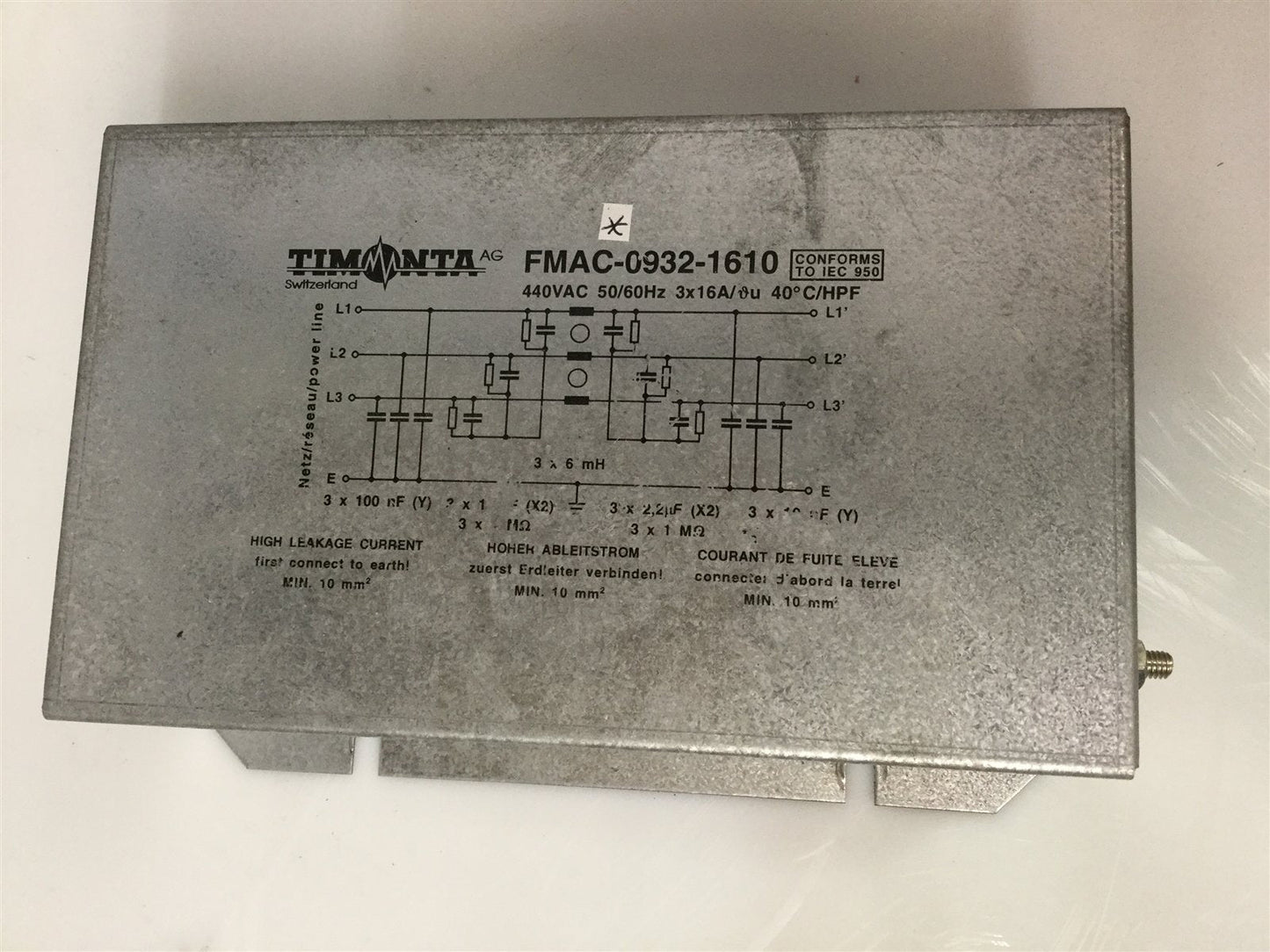 Used Timonta FMAC-0932-1610 Main Power Line Input Filter 440VAC 50/60Hz 3x16A