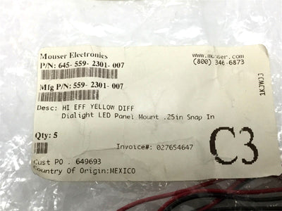 New – Open box Lot of 5 New Dialight 559-2301-007 LED Panel Mount Indicator, Yellow, 6.35mm, 5V