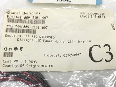 New Lot of 8 New Dialight 559-2101-007 LED Panel Mount Indicator, Red, 6.35mm, 5V