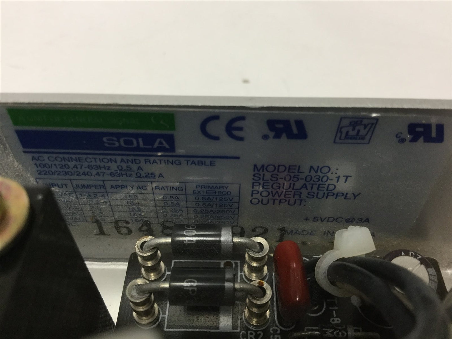 Used Sola SLS-05-030-1T Power Supply, Input: 100/120VAC 0.5A, Output: 5VDC 3A