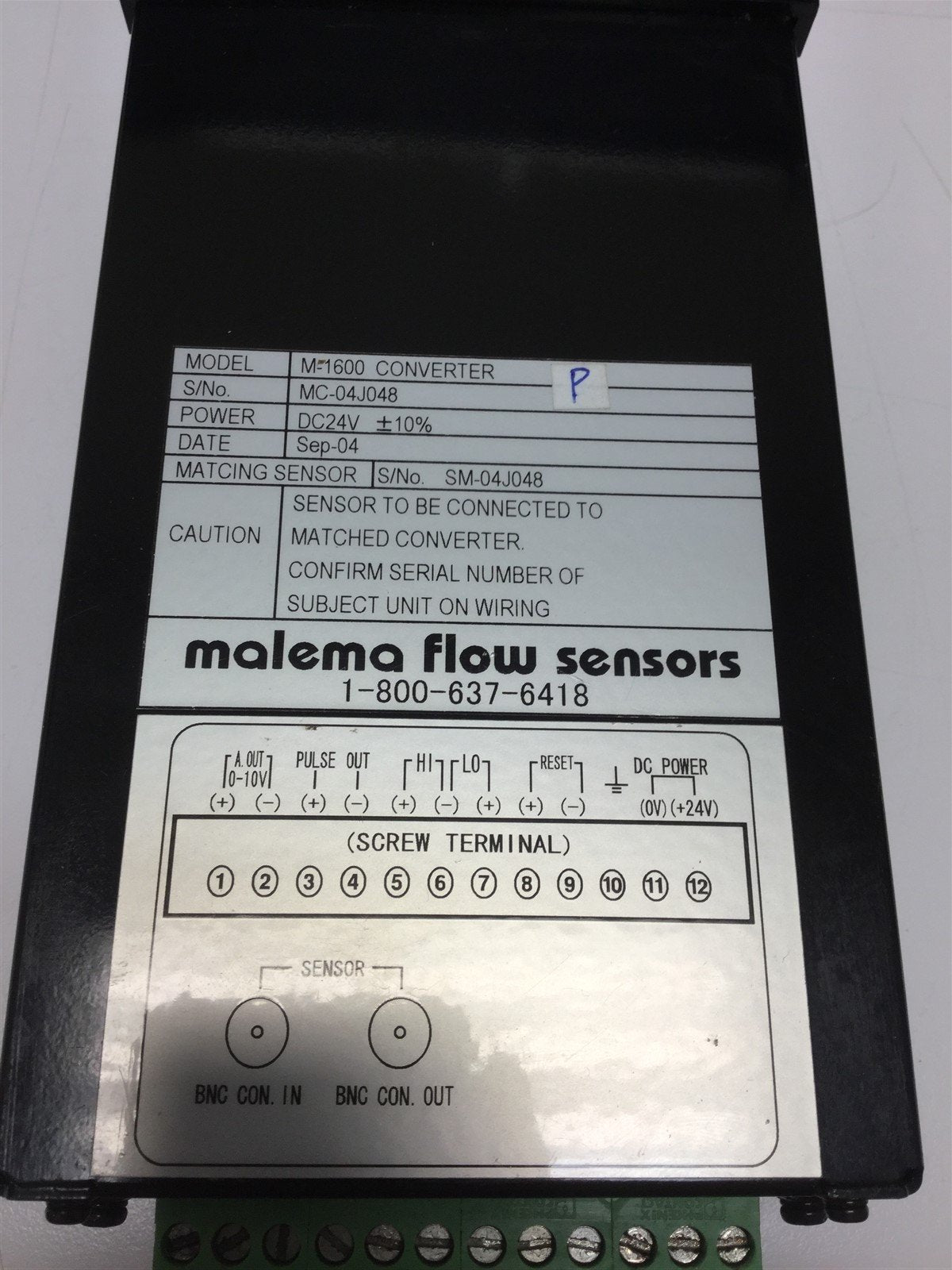 Used Malema M-1600 Non-Contact Inline Ultrasonic Flowmeter Sensor Converter 24VDC