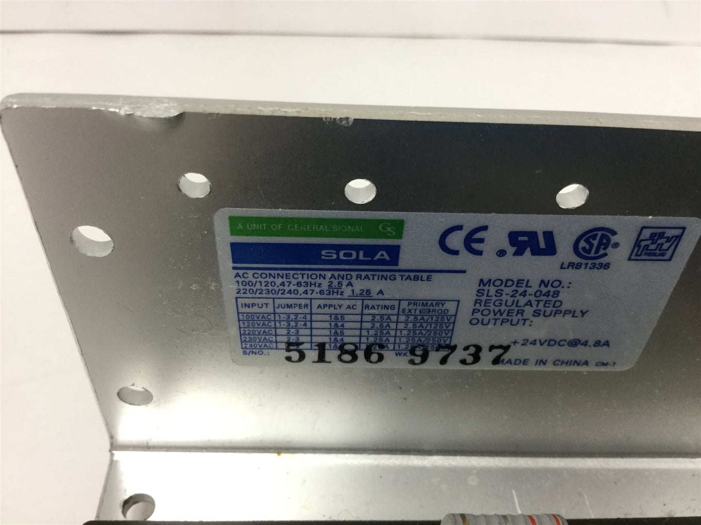 Used Sola SLS-24-048 Power Supply, Input: 100/120/220/230/240VAC, Output: 24VDC 4.8A