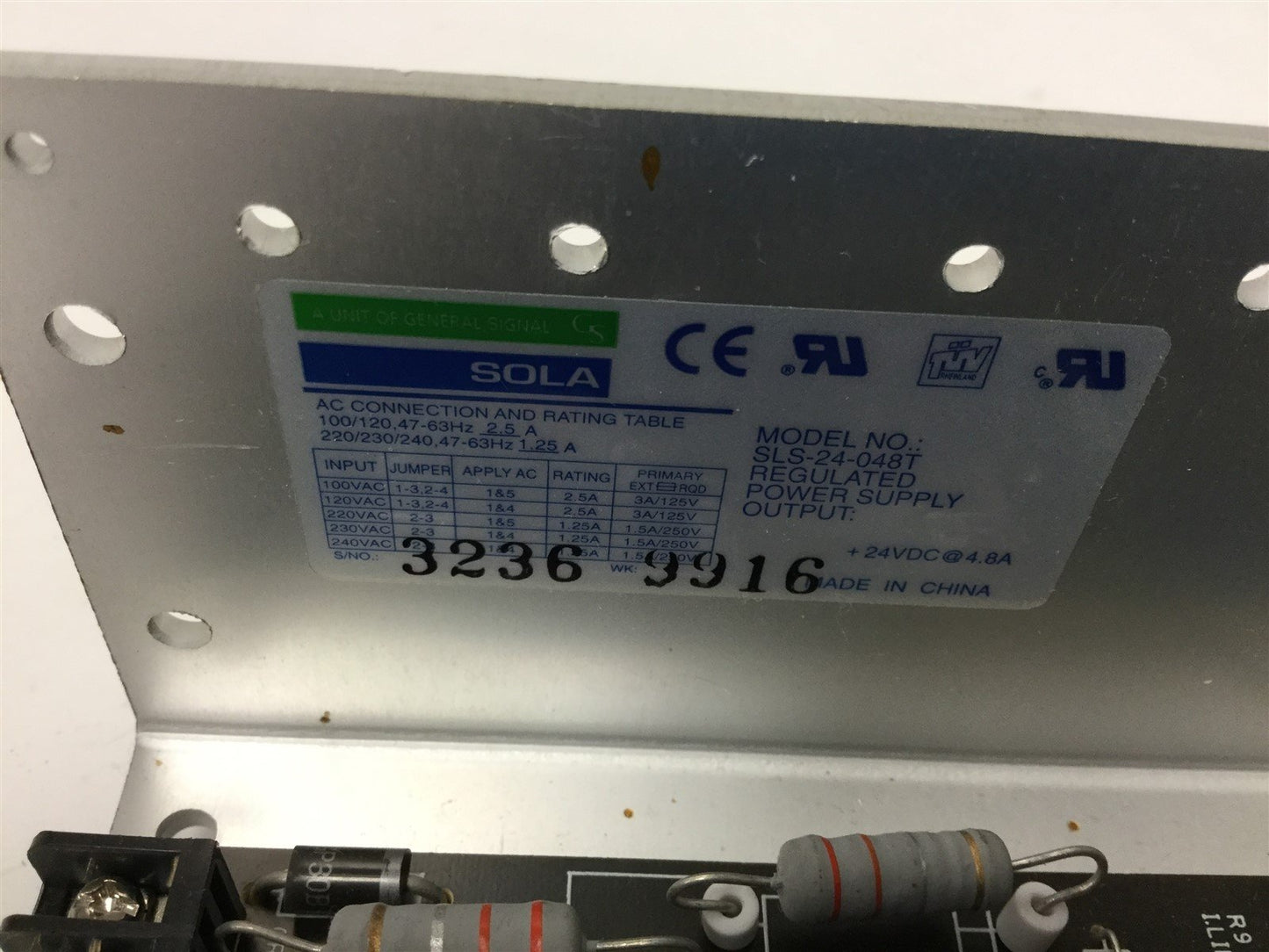 Used Sola SLS-24-048T Power Supply, Input: 100/120/220/230/240VAC, Output: 24VDC 4.8A