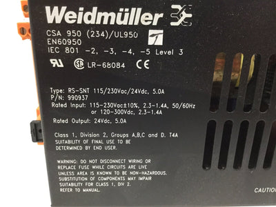 Used Weidmuller 990937 Power Supply, Input: 115-230VAC 120-300VDC, Output: 24VDC 5A