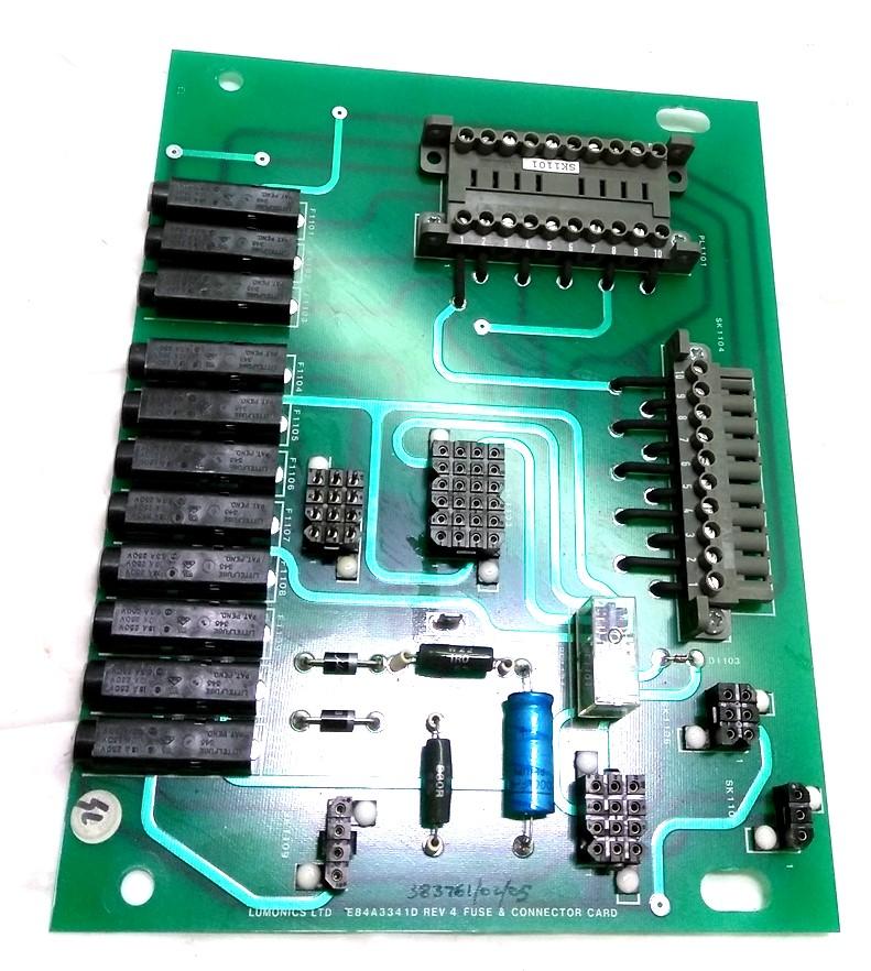 Used Lumonics E84A3341D Rev 4 Fuse and Connector Card, 11x Fuse Holders, 415V Fuses