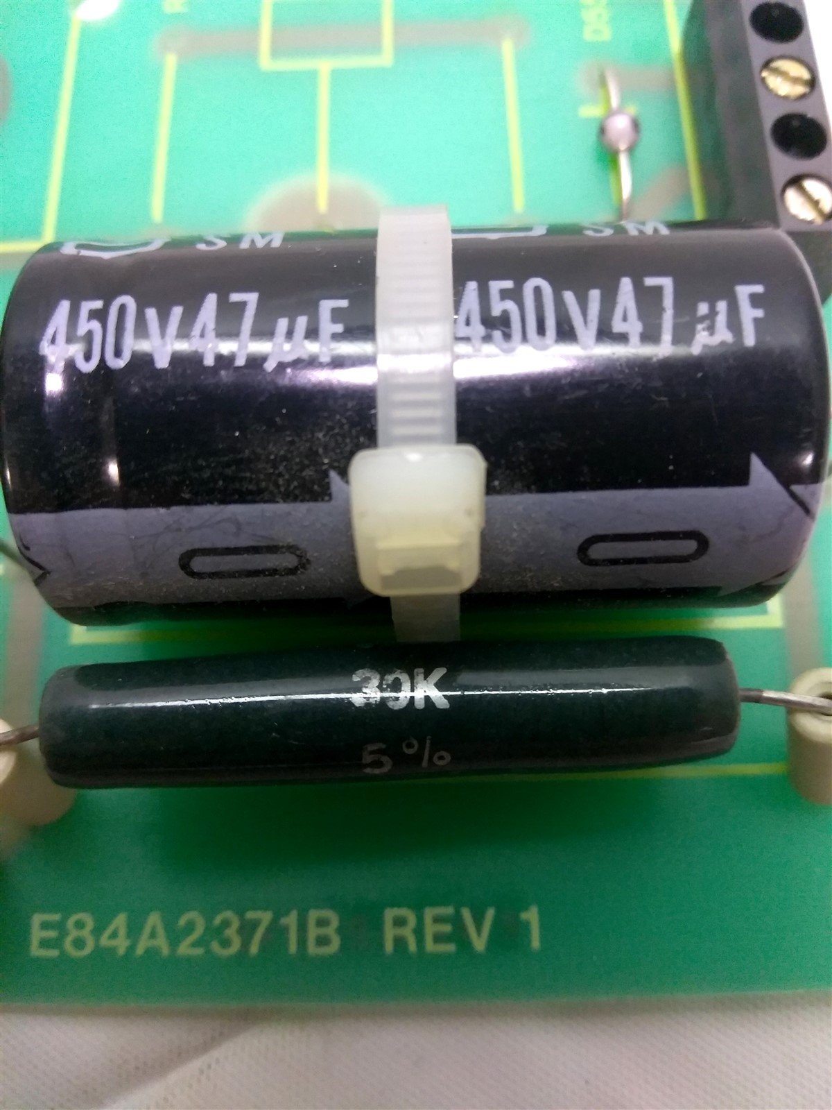 Used JK Lasers E84A2371B Rev 1 Simmer Supply Card, 3 Screw Terminal, 3 Caps 450V 47µF
