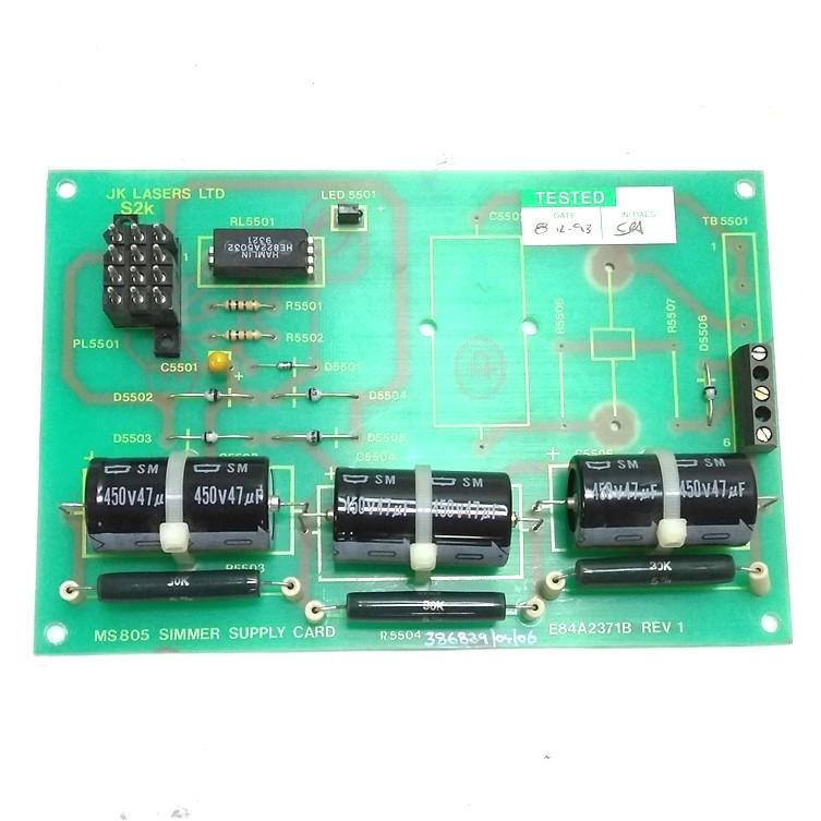 Used JK Lasers E84A2371B Rev 1 Simmer Supply Card, 3 Screw Terminal, 3 Caps 450V 47µF