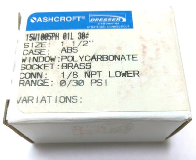 New Lot of 3 New Ashcroft 15W1005PH01L30# Pneumatic Gauge, 0-30PSI, 1/8" NPT Bottom