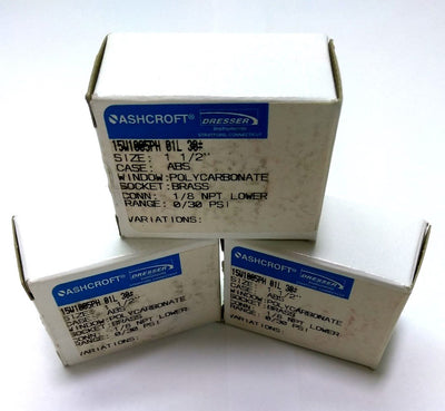 New Lot of 3 New Ashcroft 15W1005PH01L30# Pneumatic Gauge, 0-30PSI, 1/8" NPT Bottom