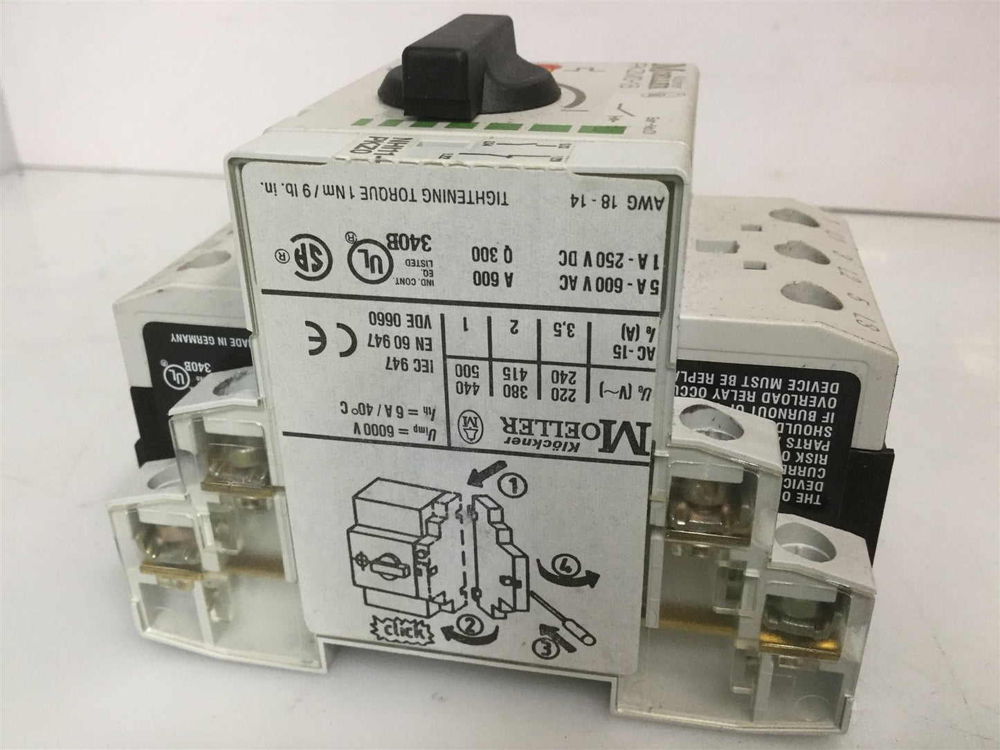 Used Moeller PKZMO-1,6 Manual Motor Starter 0-1.6A w/ Aux Block NHI11-PKZ0 6A