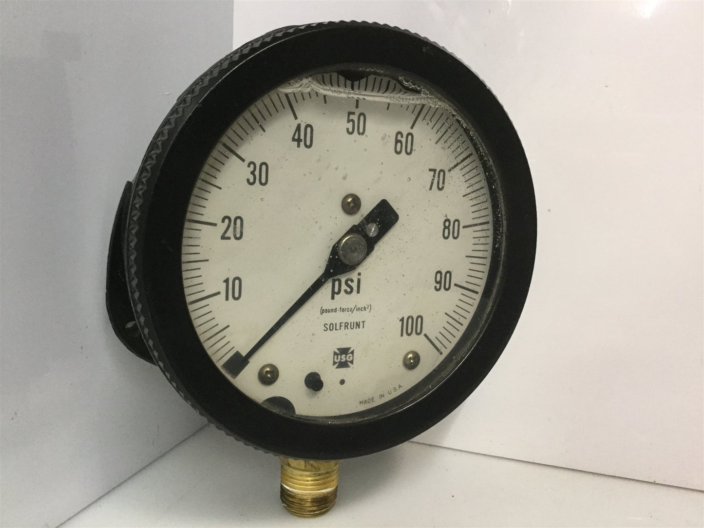 Used USG Solfrunt 0-100PSI 5" Dial Glycerin Gauge/Gage Bottom/Side Port: 1/2" MNPT