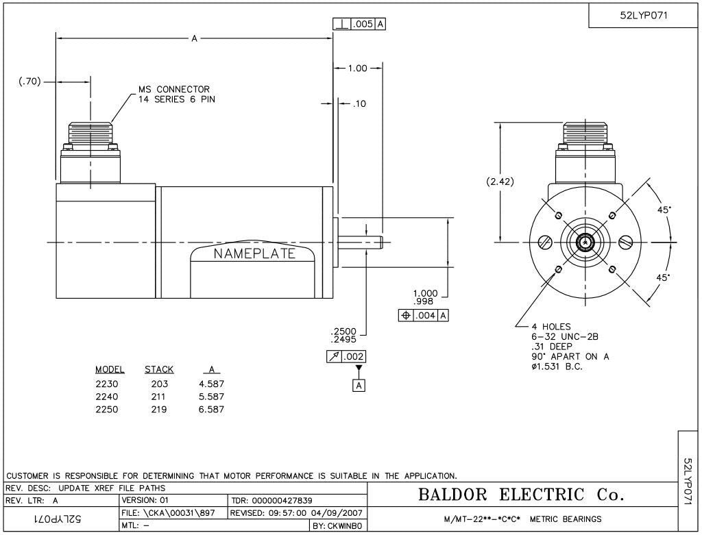 Used Baldor MT-2250-BCYCN DC Servomotor, NEMA 23 , 40VDC, 5.5A, 50oz/in, 5000RPM CNC