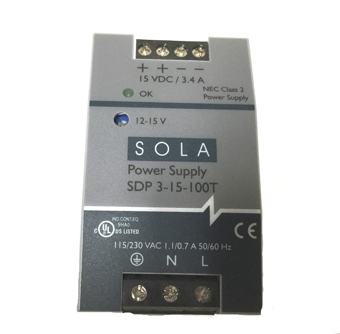 New Sola SDP 3-15-100T Power Supply, Input: 115/230VAC 1.1/0.7A, Out: 15VDC 3.4A