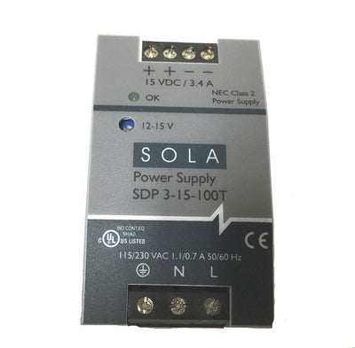 New Sola SDP 3-15-100T Power Supply, Input: 115/230VAC 1.1/0.7A, Out: 15VDC 3.4A