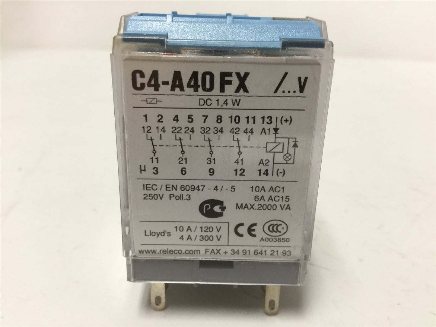 Used Releco C4-A40FX Relay, 4-Pole, Coil Voltage: 24VDC, Contact Rating: 120V 10A