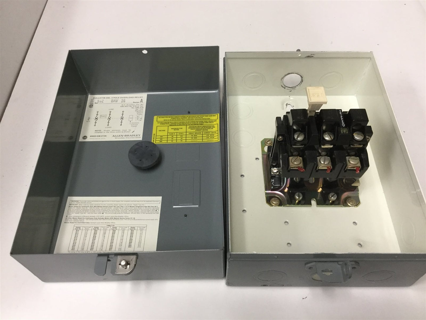 Used Allen Bradley 592-B0V16 Overload Relay, 3-Pole, 120-600V, In 592-BAV16 Enclosure