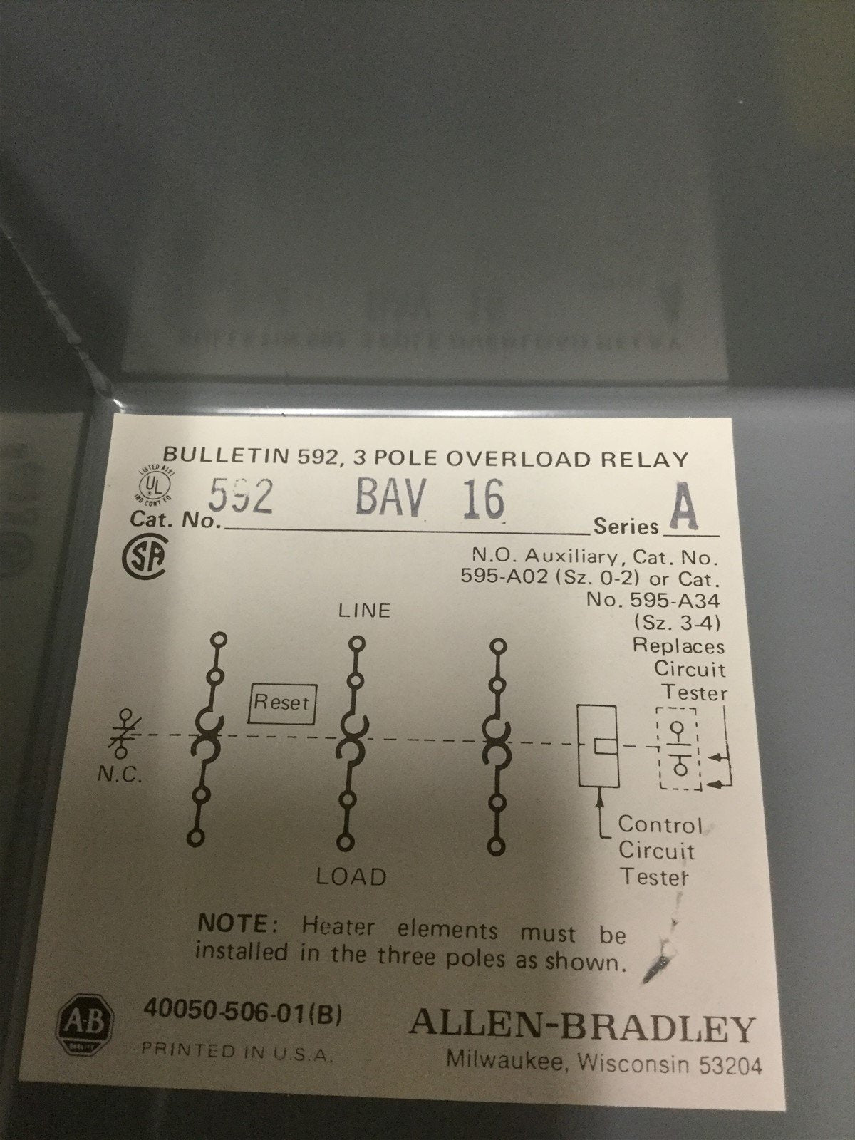 Used Allen Bradley 592-B0V16 Overload Relay, 3-Pole, 120-600V, In 592-BAV16 Enclosure