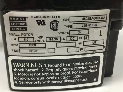 Used Bodine 22B4BEBL INTEGRAmotor DC Brushless Gearmotor, 24VDC, 2500RPM, 1/8HP