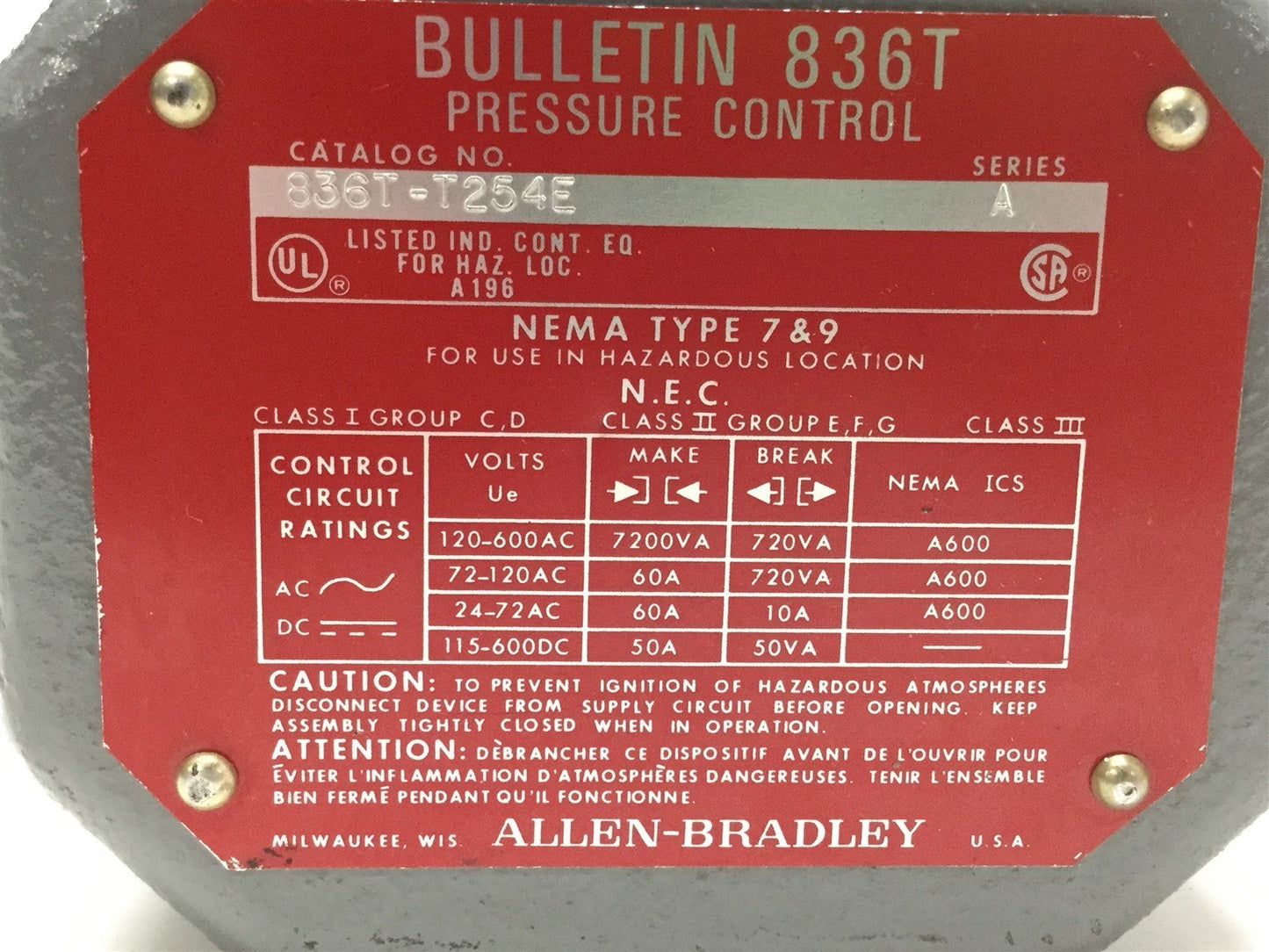 New – Open box Allen Bradley 836T-T254E / T254J Pressure Control Switch 10-55psi 600V, 600 psi