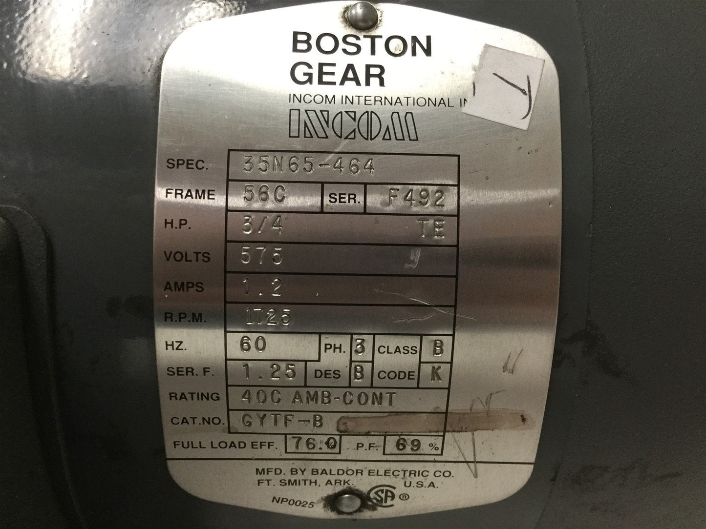 Used Boston Gear GYTF-B General Purpose Motor, Voltage: 575VAC, Shaft Diameter: 5/8"