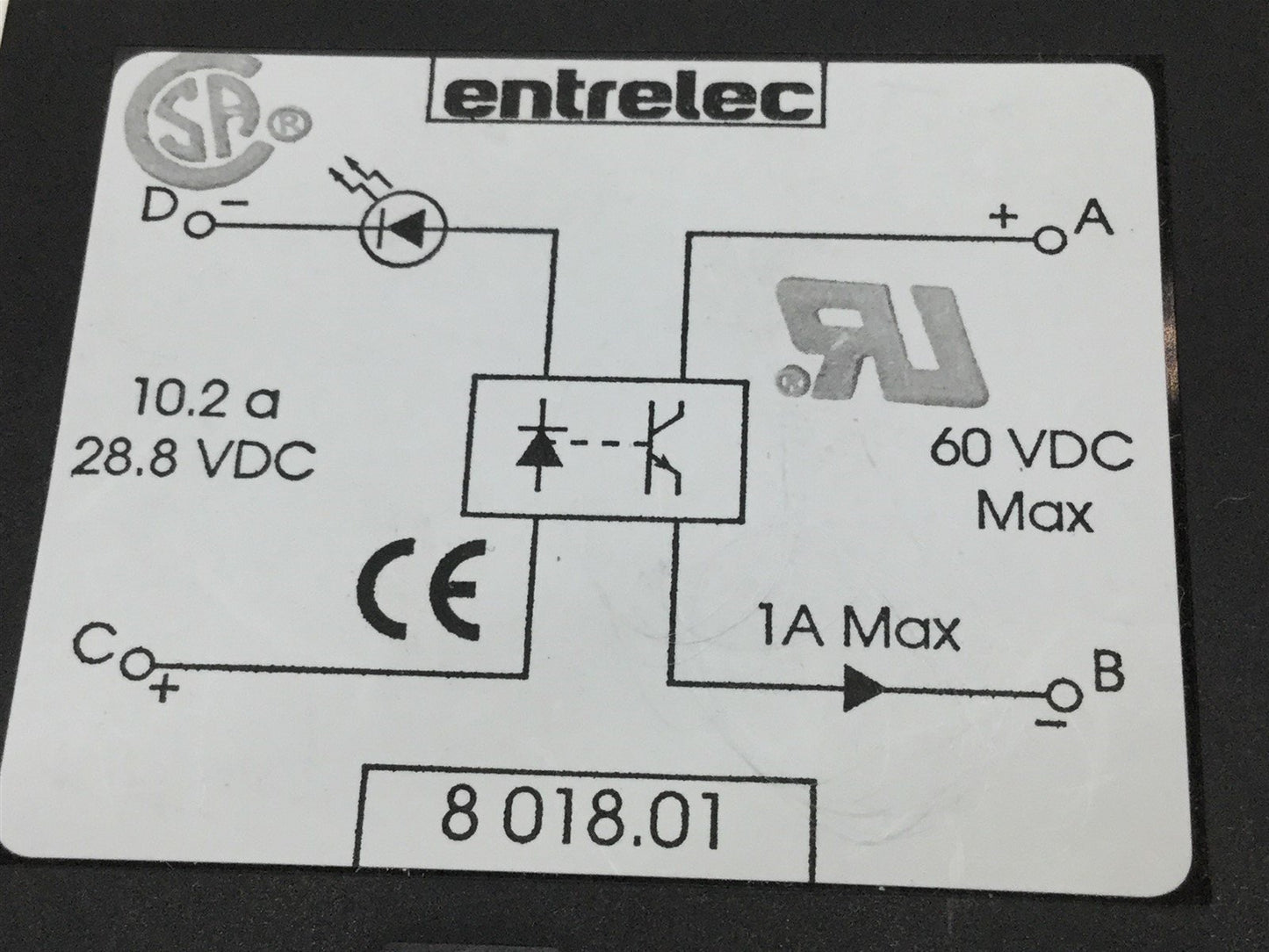 Used Entrelec 8018.01 Optocoupler Modules, In: 28.8VDC 10.2A, Out: 60VDC 1A