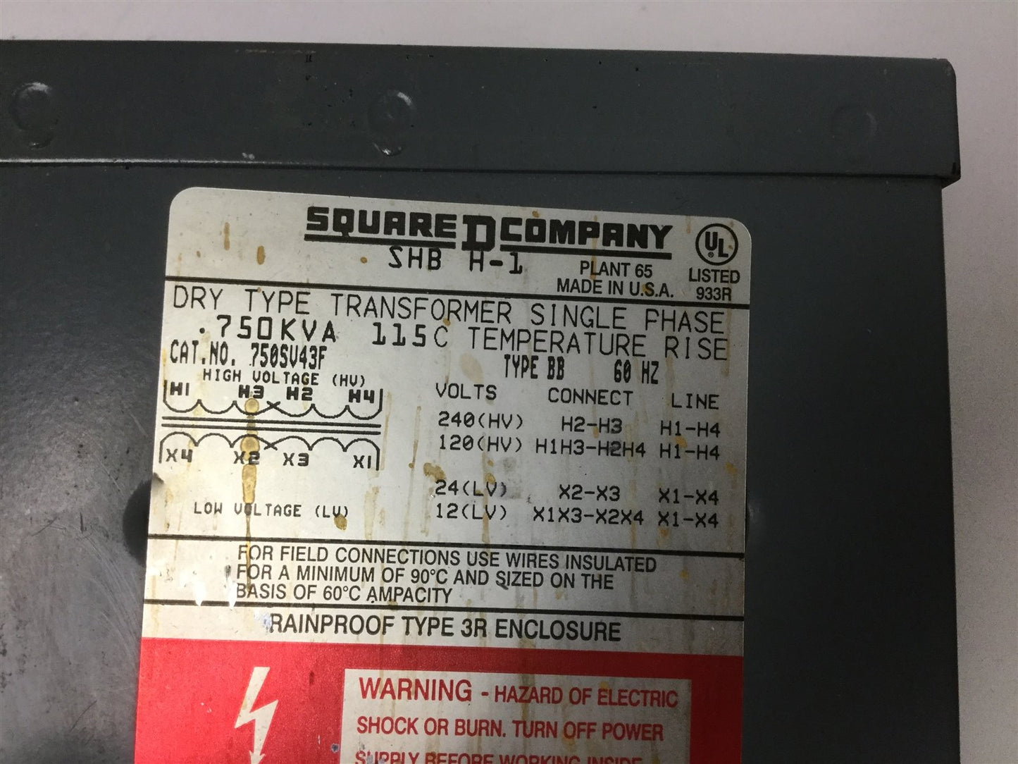 Used Square D SHB H-1 Transformer, Primary: 120/240V, Secondary: 12/24V, 0.75kVA