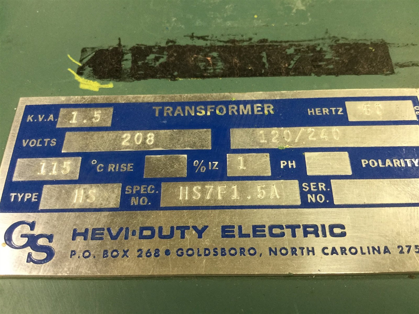 Used Hevi Duty Electric HS7F1.5A Transformer, Primary: 240/480V, Secondary: 120/240V
