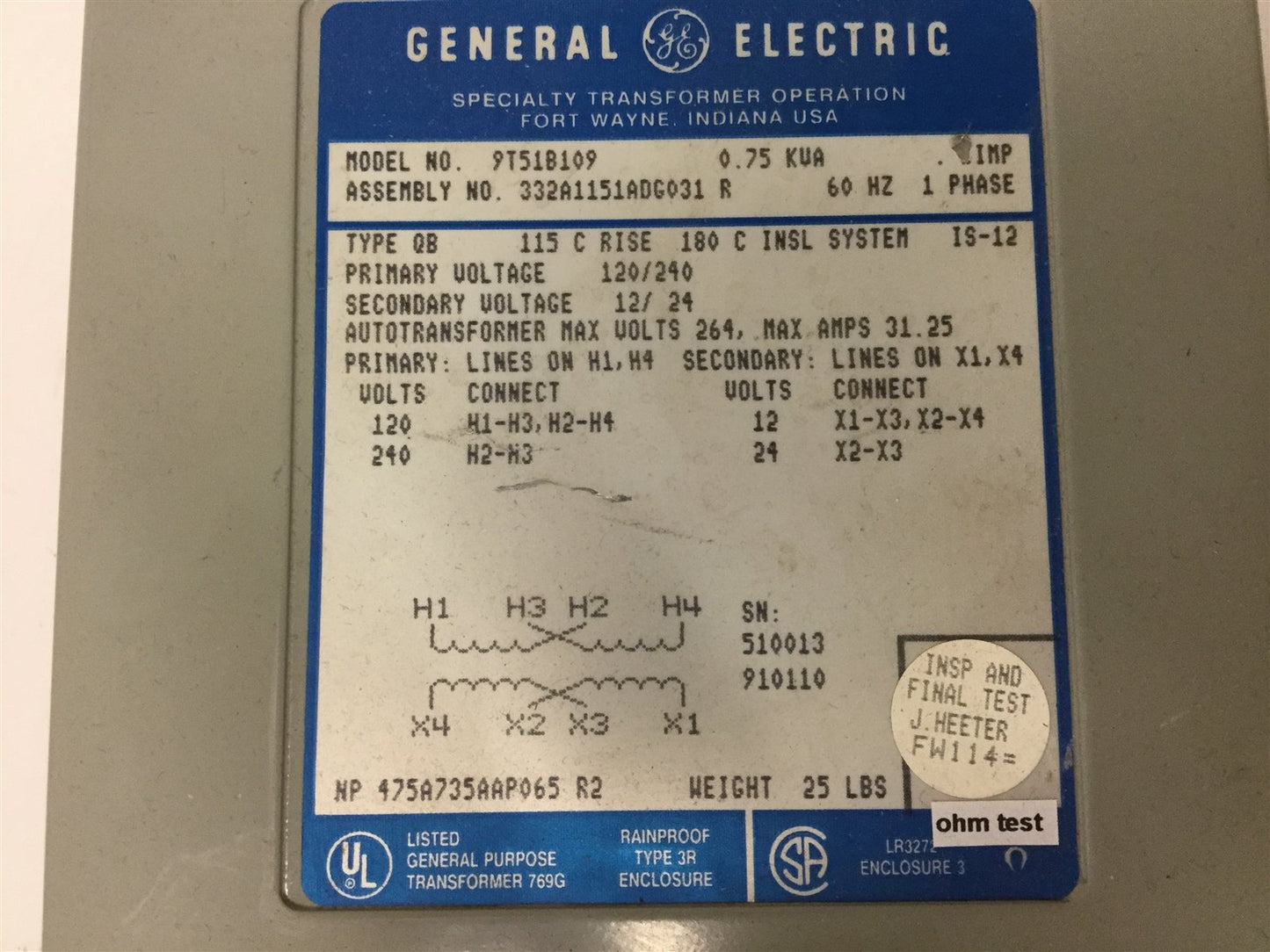 Used General Electric 9T51B109 Transformer, Primary: 120/240V, Secondary: 12/24V
