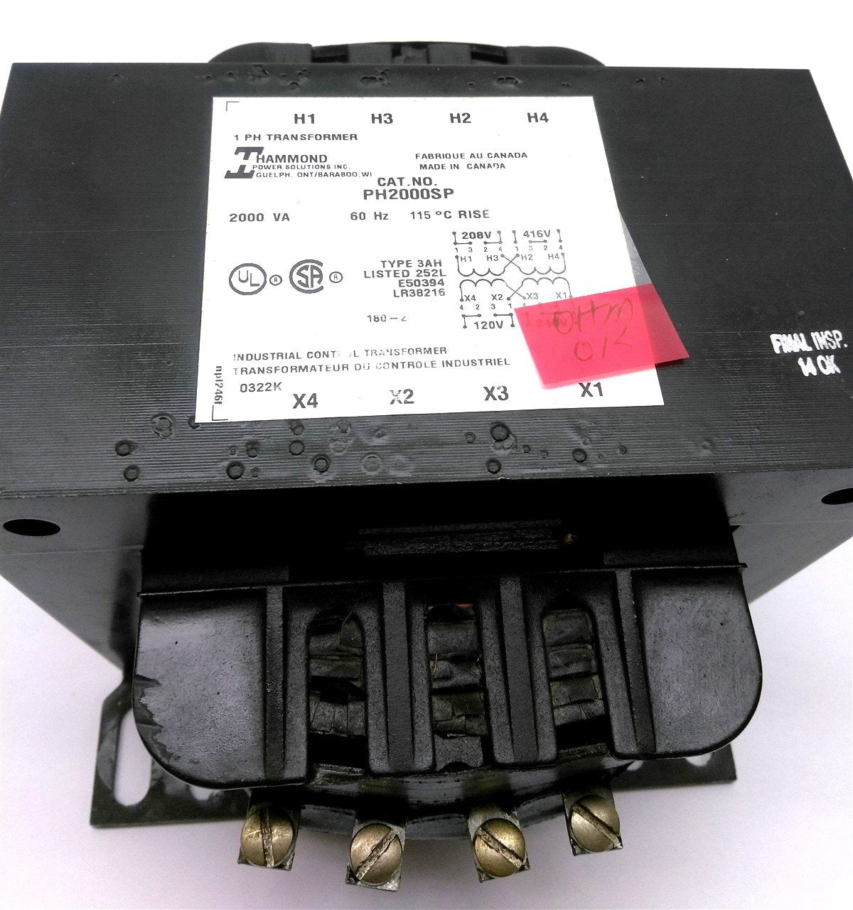 Used Hammond PH2000SP Transformer, Pri: 208/416VAC Sec: 120/240VAC 2000VA 16.6/8.33A