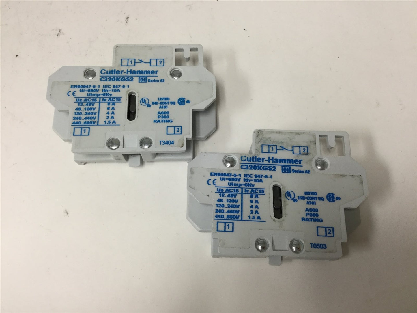Used Lot of 2 Cutler Hammer C320KGS2 Auxiliary Contact Blocks, Normally Closed