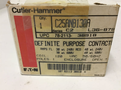 New Cutler Hammer C25ANB130A Contactor, 1-Pole, Coil: 120VAC, Contact: 30A 600V