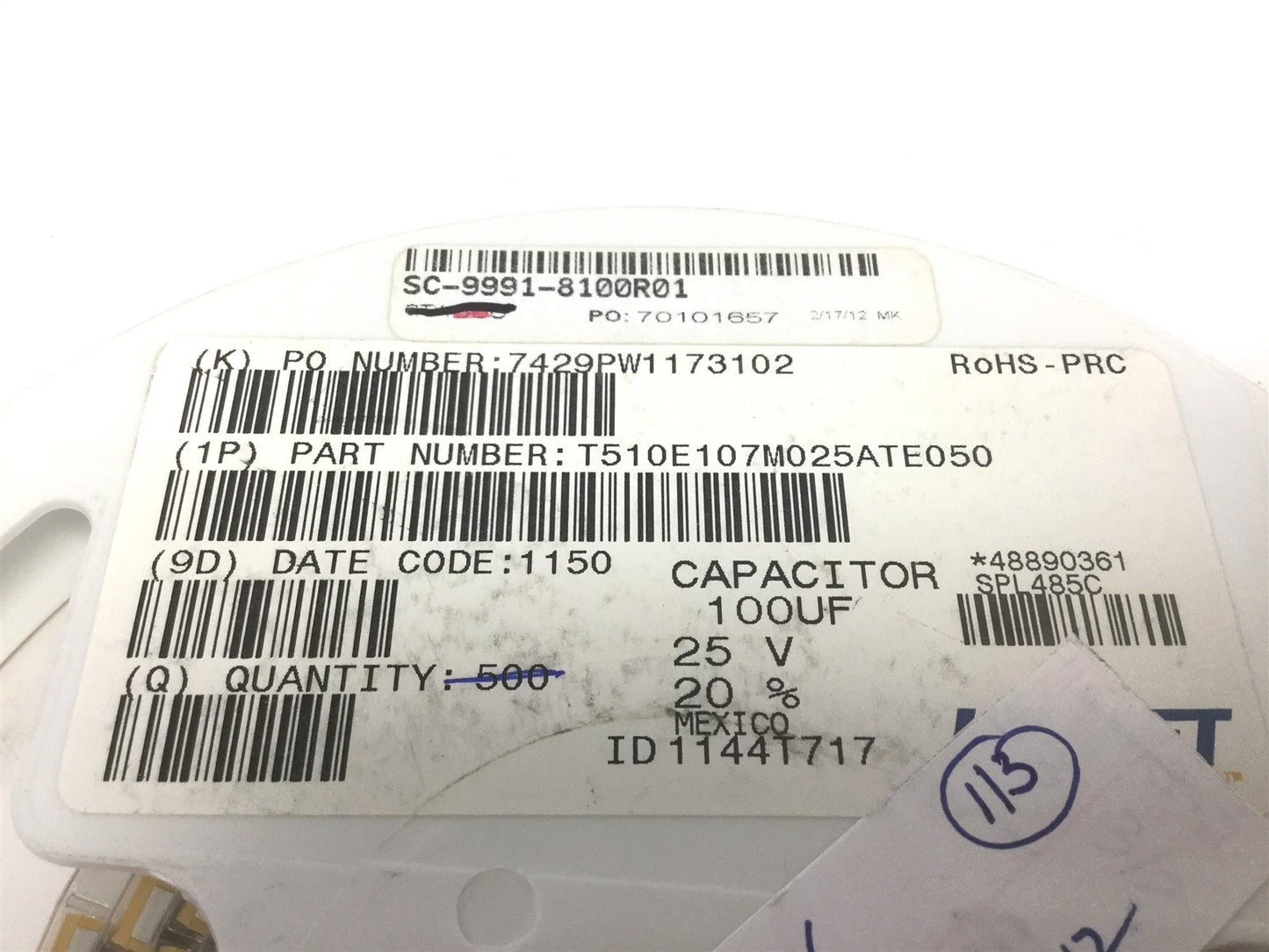 New Lot of 113 New Kemet T510E107M025ATE050 11uF Molded Tantalum Capacitors 25V